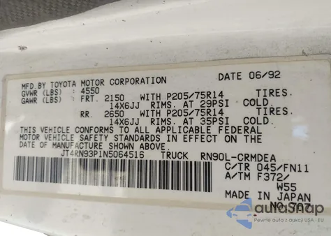 1992 Toyota Pickup 1/2 Ton Ex Lng Whlbse Dlx z USA, uszkodzony, nr VIN JT4RN93P1N5064516